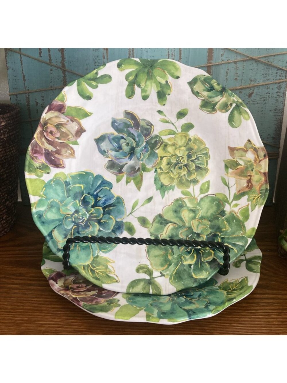 Pier 1 Imports Melamine 9" White w Succulents Gold Accents Plates Set of 2